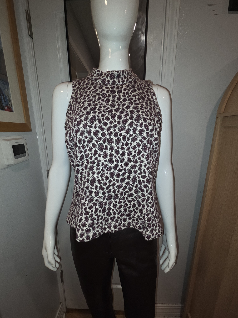 Anthropologie Sleeveless Mock Neck Leopard Print Camisole - Burgundy & White